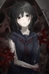  1girl absurdres black_eyes black_hair black_sailor_collar black_serafuku black_skirt blood blood_on_arm blood_on_face blurry blurry_foreground cheek_injury commentary cowboy_shot dark_background flower hair_between_eyes hand_on_own_arm head_tilt highres k_hottok neckerchief pleated_skirt red_neckerchief sailor_collar school_uniform serafuku shimizu_hinako short_hair silent_hill_(series) silent_hill_f skirt solo spider_lily torn_clothes torn_sleeve 