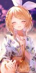  1girl 1other :d alternate_costume bag blonde_hair blurry blurry_background blush bow braid closed_eyes collarbone commentary_request crown_braid hair_bow hair_ornament hairclip highres holding holding_bag holding_hands japanese_clothes kagamine_rin kimono long_sleeves looking_at_viewer mani_(manidrawings) medium_hair nail_polish obi outdoors parallel_hairclips pov pov_hands print_kimono sash sidelocks smile swept_bangs upper_body vocaloid white_bow white_kimono wide_sleeves yellow_nails 