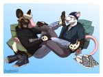 5_fingers 5_toes african_wild_dog anthro barefoot beanie black_body black_clothing black_hoodie black_topwear blue_bottomwear blue_clothing border bottomwear brown_body brown_fur canid canine claws clothed clothing denim denim_bottomwear denim_clothing duo eyes_closed feet fingers foot_fetish foot_focus foot_on_face foot_play foot_sniffing footwear fur grey_clothing hair hat headgear headwear hi_res hoodie humanoid_feet humanoid_hands jeans laugh licking male male/male mammal marsupial multicolored_body multicolored_fur murid murine open_mouth pants patoso paws piercing pillow plantigrade rat red_eyes rodent shoes simple_background sitting smile sniffing soles spots tail tan_body teeth tickling toe_claws toes tongue tongue_out topwear torn_bottomwear torn_clothing torn_pants white_body white_border white_fur