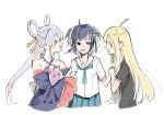  3girls ^_^ absurdres ahoge black_hair black_shirt blonde_hair blue_kimono blue_skirt brown_eyes cho_kaguya-hime! closed_eyes commentary_request grabbing_another's_arm hair_ornament hair_rings hair_stick highres japanese_clothes kaguya_(cho_kaguya-hime!) kimono long_hair multiple_girls off_shoulder open_mouth pink_hair pleated_skirt runami_yachiyo sailor_collar sakayori_iroha school_uniform serafuku shirt short_hair short_sleeves simple_background skirt sparkle the_weaker_sex_1_(gibson) twintails wabisabitosabi white_background white_hair white_sailor_collar white_shirt 