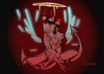 after_transformation blood bodily_fluids colored demon demon_humanoid disembodied_wings duo emositecc english_text feathered_wings feathers female halo hellaverse helluva_boss hooves horn hug hugging_another humanoid imp long_tail male male/female millie_(helluva_boss) moxxie_(helluva_boss) restricted_palette spade_tail tail text unguligrade wings