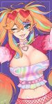  1girl ahoge arielle_(vtuber) artagoneztic belt blonde_hair blue_eyes breasts choker cleavage curvy earrings eyewear_on_head fishnet_pantyhose fishnets frills fur_jacket hair_between_eyes heart heart-shaped_pupils heart_ahoge heart_earrings highres huge_breasts indie_virtual_youtuber jacket jewelry large_breasts long_hair multicolored_hair navel one_eye_closed pantyhose pink_choker pubic_tattoo rainbow_hair strapless sunglasses symbol-shaped_pupils tattoo tube_top twintails virtual_youtuber wings 