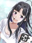  1girl absurdres ahoge awa_subaru black_hair blush breasts cellphone cleavage commentary_request girls_band_cry hair_ribbon highres holding holding_phone long_hair macqueen7777 medium_breasts open_mouth parted_bangs phone purple_eyes ribbon shirt short_sleeves smartphone solo teeth upper_body upper_teeth_only white_ribbon white_shirt 