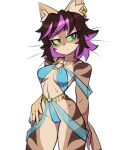  anthro bikini brown_hair clothing domestic_cat felid feline felis female hair half-closed_eyes harem_outfit hi_res highlights_(coloring) mammal markings narrowed_eyes piercing skimpy_bikini solo striped_markings stripes swimwear thong two-piece_swimsuit underwear xuao yala_(xuao) 