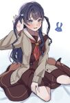  1girl blue_eyes blue_hair blush borrowed_hairstyle brown_cardigan brown_dress cardigan character_logo dress hair_ornament hasu_no_sora_school_uniform highres hinoshita_kaho lilac_(li_lac_3) link!_like!_love_live! long_sleeves looking_at_viewer love_live! medium_dress murano_sayaka neckerchief open_cardigan open_clothes open_mouth pleated_dress rabbit_hair_ornament raised_inner_eyebrows red_neckerchief sailor_collar sailor_dress school_uniform simple_background sitting smile solo two_side_up virtual_youtuber white_background white_sailor_collar winter_uniform yokozuwari 