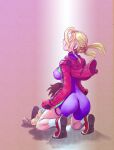  1boy 1girl absurdres ass blonde_hair bodysuit braid braided_bun breasts brown_hair clenched_hands commentary_request covered_nipples dougi from_behind full_body fuurinji_miu gloves gradient_background hair_bun highres impossible_clothes jacket japanese_clothes karate_gi lap_pillow large_breasts lying matsuena_shun official_art on_back open_clothes open_jacket open_mouth pants pink_gloves pink_jacket purple_bodysuit shijou_saikyou_no_deshi_ken'ichi shirahama_ken'ichi shoes short_hair shouting simple_background skin_tight socks squatting torn_clothes torn_unitard unitard 