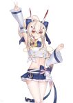  1girl absurdres ahoge arm_up armpits ayanami_(azur_lane) ayanami_(low-key_idol_@confused)_(azur_lane) azur_lane bangs bow commentary_request detached_sleeves eyebrows_visible_through_hair hair_between_eyes hair_bow hair_ornament hair_ribbon hairclip headgear highres light_brown_hair long_hair looking_at_viewer microphone nanzii_shengtu_a navel orange_eyes parted_lips pleated_skirt ponytail pose retrofit_(azur_lane) ribbon sidelocks simple_background skirt solo stomach thighhighs v white_background white_legwear wide_sleeves zettai_ryouiki 