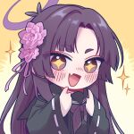  +_+ 1girl black_sailor_collar black_shirt blue_archive blush chibi chibi_only commentary_request fang flower hair_flower hair_ornament halo kaming3698 korean_commentary long_hair long_sleeves looking_at_viewer neckerchief purple_eyes purple_hair purple_halo purple_neckerchief sailor_collar shirt skin_fang solo sparkle yukari_(blue_archive) yukari_(young)_(blue_archive) 