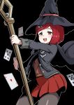  1girl absurdres black_hat black_jacket brown_vest card cianter collared_shirt commentary_request danganronpa_(series) danganronpa_v3:_killing_harmony hair_ornament hat highres jacket long_sleeves open_mouth pantyhose playing_card pleated_skirt red_eyes red_hair school_uniform shirt short_hair simple_background skirt smile vest witch_hat yumeno_himiko 