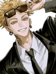  1boy 77ho adjusting_eyewear black_nails black_necktie blonde_hair collared_shirt dutch_angle earrings enjin_(gachiakuta) eyewear_on_head finger_tattoo gachiakuta grin hand_tattoo highres jacket jewelry lapels looking_to_the_side male_focus multiple_tattoos neck_tattoo necktie scar_on_head shirt short_hair simple_background smile solo suit suit_jacket sunglasses tattoo undercut upper_body white_background white_shirt yellow_eyes 