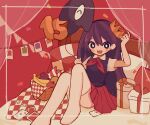  1girl :d balloon black_eyes black_vest blinking blush box brown_hair collared_shirt commentary_request confetti crown gift gift_box hair_behind_ear highres knees_together_feet_apart knees_up long_hair looking_at_viewer mari_(faraway)_(omori) mari_(omori) mini_crown neckerchief ninini_(happy_goody115) no_shoes omori on_bed open_mouth pleated_skirt red_neckerchief red_skirt shirt short_sleeves sidelocks sitting skirt smile solo something_(omori) straight_hair thighhighs vest white_shirt white_thighhighs 