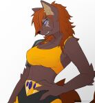 absurd_res anthro armwear belt_accessory blind_eye bra brown_body brown_fur canid canine canis clothing eye_scar facial_scar female fur hair hi_res iruka_(itsxanderfox) mammal obedientmirelle red_hair red_nose scar scared snaggle_tooth solo sports_bra underwear wolf