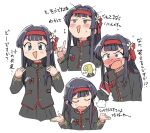  1girl black_hair black_jacket blue_eyes blush commentary_request flower hair_flower hair_ornament headband idolmaster idolmaster_million_live! idolmaster_million_live!_theater_days jacket long_hair long_sleeves mogami_shizuka multiple_views official_alternate_costume p-head_producer producer_(idolmaster) puff_of_air red_headband red_trim shrugging simple_background translation_request tsubobot v-shaped_eyebrows white_background white_flower 