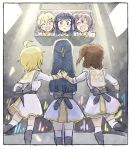  3girls :d ;d ^_^ ahoge back_bow black_gloves black_hair blonde_hair border bow brown_hair closed_eyes commentary_request concert dress dress_bow from_behind gloves hand_on_another's_back ibuki_tsubasa idol idolmaster idolmaster_million_live! kasuga_mirai long_hair mogami_shizuka multiple_girls one_eye_closed open_mouth short_hair side-by-side smile standing thighhighs tsubobot white_border white_dress 