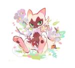  1other aitoshi_nekotan alternate_color body_fur cherry_blossoms claws commentary_request dated english_commentary floragato flower furry grass green_eyes pink_fur pokemon pokemon_(creature) scarf sitting solo 