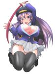  1girl arm_up blush breasts cleavage commentary_request covered_nipples hat holding holding_sword holding_weapon jacket katana kido_ayame_(kimi_wa_008) kimi_wa_008 kneeing large_breasts leaning_back long_hair matsuena_shun miniskirt official_art open_clothes open_jacket open_mouth pleated_skirt purple_eyes purple_hair shirt skirt solo sword teeth thighhighs thighs upper_teeth_only v-shaped_eyebrows weapon 