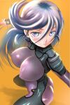  1girl blush bodysuit breasts closed_mouth commentary_request covered_nipples cowboy_shot hair_between_eyes highres holding holding_sword holding_weapon impossible_bodysuit impossible_clothes katana kido_ayame_(kimi_wa_008) kimi_wa_008 large_breasts long_hair looking_at_viewer matsuena_shun official_art purple_bodysuit purple_eyes purple_hair simple_background solo standing sword v-shaped_eyebrows weapon yellow_background 