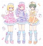  1boy 2girls ;d absurdres ahoge bandaid bare_shoulders blonde_hair blue_eyes blush commentary_request crossdressing crossdressing_(mtf) detached_sleeves digimon digimon_universe:_appli_monsters dress fake_wings first_aid_kit green_hair grid_background hat heart highres holding holding_stethoscope karan_eri kashiki_ai long_hair looking_at_viewer lulu_hane medicine multiple_girls nurse nurse_cap one_eye_closed open_mouth pill pill_bottle pink_dress pink_hair purple_dress shinkai_haru simple_background smile stethoscope stethoscope_around_neck syringe white_background wings 