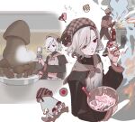  2boys bags_under_eyes black_eyes black_hair bowl candy chocolate chocolate_making cooking curly_hair dark-skinned_male dark_skin dungeon_meshi elf fire fire_extinguisher food gapamopa grey_hair hat heart heart-shaped_chocolate heart-shaped_food holding holding_bowl holding_chocolate holding_fire_extinguisher holding_food kabru kitchen lazy_eye long_sleeves male_focus mithrun multiple_boys mushroom open_mouth pointy_ears shirt short_hair spray_paint spraying uneven_eyes whisk 