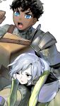  2boys armor bags_under_eyes black_eyes black_hair blue_eyes carrying carrying_person chainmail curly_hair dark-skinned_male dark_skin dungeon_meshi elf gapamopa grey_hair highres kabru lazy_eye leather_armor long_sleeves male_focus mithrun multiple_boys notched_ear open_mouth pauldrons pointy_ears shirt short_hair shoulder_armor simple_background single_pauldron sweatdrop tunic uneven_eyes white_background 
