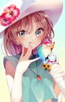  1girl blue_background blue_eyes blue_nails blue_shirt blush commentary_request cropped_shirt flower food gradient_background hair_between_eyes hand_up hat hat_flower highres holding holding_ice_cream_cone ice_cream ice_cream_cone jewelry looking_at_viewer mani_(manidrawings) medium_hair midriff_peek nail_polish necklace original outline red_hair shirt sidelocks sleeveless sleeveless_shirt smile solo tongue tongue_out upper_body white_hat white_outline yellow_background 