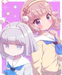  2girls amami_elna antennae bangs blunt_bangs blunt_ends blush bow_hairband brown_hair cardigan colored_eyelashes expressionless eyebrows_visible_through_hair fake_antennae grey_eyes grey_hair hairband hand_on_own_chest kuruhoshi_nayu looking_at_viewer medium_hair multiple_girls purple_eyes school_uniform serafuku star_(symbol) tabana twitter_username youkai_watch youkai_watch_jam:_youkai_gakuen_y 