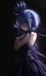  1girl absurdres ahoge artist_name back_bow backless_dress backless_outfit black_bow black_gloves blue_dress bow ciel_(tsukihime) closed_eyes closed_mouth commentary cowboy_shot crown dress facing_down fate/grand_order fate_(series) floating_crown flower from_side gloves hair_flower hair_ornament highres holding holding_flower short_hair signature sleeveless smile solo star_ciel_(fate) yukiring 
