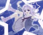  1girl :d absurdres ahoge arm_up artist_name blue_archive blue_hair boots buttons dated double-breasted floating full_body gankutsuouxd glowing grey_serafuku grey_skirt halo highres long_sleeves neckerchief night open_mouth outline pink_boots pink_hair pink_halo pink_socks pleated_skirt purple_eyes purple_neckerchief reisa_(blue_archive) school_uniform serafuku shooting_star skirt sky smile socks star_(sky) star_(symbol) star_halo tareme twintails 
