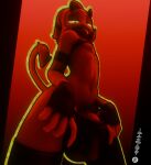 clothed clothing curvy_figure demon femboy gloves glowing glowing_eyes handwear hellaverse helluva_boss hi_res humanoid imp king_crook leather leather_clothing leather_thong leather_underwear leggings legwear looking_at_viewer looking_down looking_down_at_viewer male moxxie_(helluva_boss) nipples partially_clothed red_body red_skin simple_background solo standing tail teasing teasing_viewer thigh_highs thong tongue tongue_out underwear underwear_down yellow_eyes