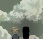  1girl 1other :d black_sweater_vest blonde_hair censored censored_identity closed_eyes commentary deformed dickydoboy distortion grey_sky grey_sweater_vest grey_vest hair_flaps highres open_mouth outdoors plaid_clothes plaid_sweater_vest plaid_vest short_hair sidelocks sky smile sweater_vest untranslatable_commentary upper_body urotsuki vest yume_2kki 