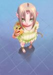  1girl absurdres ankle_wrap anklet aria_(tokiwa_kitareri!!) barefoot blonde_hair blush breasts cake closed_mouth commentary_request curtained_hair dress elf food from_above full_body gem green_dress green_eyes highres holding holding_cake holding_food jewelry long_hair looking_at_viewer matsuena_shun official_art pointy_ears short_dress short_sleeves small_breasts solo standing tile_floor tiles tokiwa_kitareri!! 