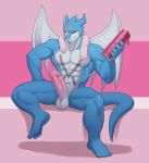  2022 abs absurd_res aidensuyen17 anthro balls bandai_namco beverage colored digimon digimon_(species) dragon erection exveemon genitals hi_res horn looking_at_viewer male muscular muscular_anthro muscular_male nippleless penis reptile scalie sitting solo towel towel_around_neck wings 