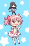  2girls :d akemi_homura akemi_homura_(magical_girl) argyle_clothes argyle_pantyhose black_hair black_hairband black_pantyhose blue_background blush blush_stickers bow bow_choker bubble_skirt buttons chibi chibi_only choker commentary_request dress expressionless frilled_skirt frills full_body gecchu gloves hair_ribbon hairband happy highres hoop_skirt kaname_madoka kaname_madoka_(magical_girl) long_hair magical_girl mahou_shoujo_madoka_magica mahou_shoujo_madoka_magica_(anime) mini_person multiple_girls neck_ribbon no_nose pantyhose patterned_background pink_bow pink_choker pink_dress pink_eyes pink_hair pink_ribbon puffy_short_sleeves puffy_sleeves purple_eyes purple_ribbon purple_skirt ribbon ribbon_choker short_sleeves short_twintails skirt smile soul_gem square_neckline star_(symbol) star_print twintails waist_bow white_gloves white_skirt 