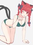  :3 absurdres all_fours animal_ears bikini black_bow bow braid breasts cat_ears cat_girl cat_tail check_commentary collarbone commentary_request extra_ears forneus_0 green_bikini hair_bow highres kaenbyou_rin looking_at_viewer multiple_tails pointy_ears red_eyes red_hair simple_background swimsuit tail touhou twin_braids white_background 