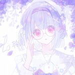  1girl adjusting_eyewear animal_print beret black-framed_eyewear black_hairband blunt_bangs borrowed_character bow bowtie buttons cat_print chinese_commentary collared_shirt commentary_request dot_nose eyelashes eyes_visible_through_hair falling_petals floral_print flower frilled_shirt_collar frills gift_art glasses hair_bow hair_flower hair_ornament hairband hairclip hand_on_eyewear hat light_blush long_sleeves loose_hair_strand miqing open_mouth original petals pink_eyes print_shirt purple_bow purple_bowtie purple_flower purple_vest ribbon_print round_eyewear shirt sleeve_cuffs solo striped_bow striped_clothes striped_hairband tareme upper_body vest white_background white_bow white_hat white_shirt wisteria x_hair_ornament 