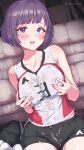  1girl areola_slip artist_logo black_shorts blush breasts breasts_squeezed_together collarbone commentary_request covered_nipples cum cum_on_body cum_on_clothes cum_on_legs cum_on_legwear embarrassed foot_out_of_frame frown grabbing_own_breast groping highres huge_breasts jersey kanikatsuya logo looking_at_viewer mole mole_under_eye nipple_rub nipple_rub_through_clothes nipple_stimulation nipple_tweak number_print original paid_reward_available parted_lips purple_eyes purple_hair see-through_clothes see-through_shirt shirt short_hair shorts sleeveless socks solo sportswear sweat swept_bangs two-tone_shirt volleyball_club_senpai_(kanikatsuya) volleyball_uniform wet wet_clothes wet_shirt white_socks 
