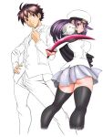  1boy 1girl akashi_eito_(kimi_wa_008) animal animal_on_shoulder ass bird black_cloak blush breasts brown_hair cloak closed_mouth commentary_request foot_out_of_frame from_behind hair_between_eyes hand_on_own_hip hat holding holding_sword holding_weapon jacket katana kido_ayame_(kimi_wa_008) kimi_wa_008 large_breasts long_hair looking_at_viewer looking_back matsuena_shun miniskirt official_art owl pants pleated_skirt purple_eyes purple_hair red_eyes short_hair side-by-side sketch skirt smile standing sword thighhighs v-shaped_eyebrows weapon 