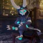  1:1 3d_(artwork) anthro bandage beezle_(species) big_horn biped bone candle cheek_tuft chest_tuft claws crossed_legs crystal_ball digital_media_(artwork) ear_piercing ear_ring facial_tuft fangs farran_height_(artist) feet fur furniture glowing glowing_eyes glowing_markings happy hi_res hood horn long_ears looking_at_viewer male markings neck_tuft pawpads piercing potion shoulder_tuft sitting skull skull_head smile solo solo_focus spade_tail star_earring table tail_tuft teeth toes tuft 