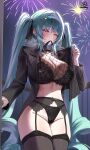  1girl aerial_fireworks aqua_hair black_bra black_garter_belt black_garter_straps black_jacket black_necktie black_panties black_ribbon black_thighhighs bow bow_bra bow_panties bra breasts choppy_bangs commentary_request cowboy_shot curvy earrings fireworks fishnets garter_belt garter_straps goddess_of_victory:_nikke groin hair_intakes hair_ornament hair_ribbon half-closed_eyes highres huge_breasts ice_bear jacket jewelry lingerie long_hair long_sleeves mouth_hold navel navel_peek necktie necktie_in_mouth night no_pants open_clothes open_jacket orange_eyes outdoors panties paw_hair_ornament privaty_(nikke) privaty_(sharp_lesson)_(nikke) raised_inner_eyebrows ribbon sky small_sweatdrop solo standing stomach striped_clothes striped_jacket thighhighs twintails underwear undressing vertical-striped_clothes vertical-striped_jacket very_long_hair wide_hips 