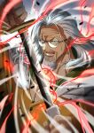  1boy beard commentary_request drawing_sword facial_hair highres holding holding_sword holding_weapon long_hair male_focus mature_male musasabiop mustache_stubble old old_man one_piece open_mouth orange_shirt round_eyewear scar scar_across_eye scar_on_face shirt silvers_rayleigh solo stubble sword upper_body weapon wind 