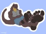 5_toes anthro armpit_hair barefoot blue_background blue_clothing body_hair bottomwear brown_body brown_fur bulge claws clothed clothing extreme_size_difference feet foot_fetish foot_focus foot_play fur grey_clothing group hair hi_res humanoid_feet larger_anthro larger_male macro male male_anthro mammal micro mustelid otter patoso pawpads paws plantigrade shirt shorts simple_background size_difference soles solo stuck_to_foot tail toe_claws toes topwear yellow_body