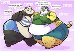 anthro bear belly big_belly big_breasts big_butt bottomwear breasts butt cheetah cleavage clothed clothing colored denim denim_bottomwear denim_clothing denim_shorts dialogue duo english_text face_squish fat_face felid feline female female/female giant_panda gillpanda_(character) green_clothing green_shirt green_topwear hi_res hoodah mammal overweight overweight_anthro overweight_female shirt short_tail shorts simple_background speech_bubble spots squish tail text topwear white_belly