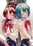  2girls back-to-back black_skirt black_socks blue_hair blush bow closed_eyes commentary_request double-parted_bangs fang gradient_background grey_background hair_between_eyes hair_bow jacket kneehighs long_hair long_sleeves mahou_shoujo_madoka_magica mahou_shoujo_madoka_magica_(anime) mani_(manidrawings) medium_hair miki_sayaka multiple_girls open_mouth ponytail red_bow red_hair sakura_kyoko shirt sidelocks skirt sleeping socks tree white_background white_shirt yellow_jacket 