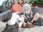  2girls ahoge armband bag beetle black_halo black_shoes black_skirt blank_eyes blue_archive blue_shirt bug clothes_around_waist commentary_request grey_hair grey_halo grey_jacket halo hawaiian_shirt hoshiya_takahito huge_ahoge jacket jacket_around_waist konoka_(blue_archive) long_hair long_sleeves multiple_girls neru_(blue_archive) neru_(school_uniform)_(blue_archive) official_alternate_costume open_clothes open_jacket open_mouth orange_hair outdoors panties pantyshot pleated_skirt purple_armband reflection school_bag school_uniform shirt shoes short_hair skirt smile sneakers squatting tree_stump underwear untied_shoelaces white_panties white_shirt 