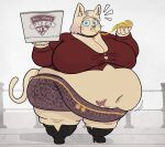 anthro anthrofied bellbites belly big_belly big_breasts blonde_hair blue_eyes boots bottomwear box breasts butterfly_tattoo cleavage clothed clothing collar container crop_top domestic_cat eating emanata felid feline felis female food footwear full-length_portrait gold_belt hair hi_res huge_belly huge_breasts knee_boots knee_highs konami legwear leopard_print_skirt long_sleeves looking_at_viewer mammal maria_(silent_hill) midriff miniskirt morbidly_obese morbidly_obese_anthro morbidly_obese_female navel obese obese_anthro obese_female overweight overweight_anthro overweight_female pizza pizza_box portrait red_clothing red_topwear shirt shoes short_hair silent_hill skirt solo surprised tail tattoo topwear wide_eyed