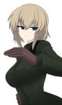  1girl absurdres aikir_(jml5160) bangs black_gloves blonde_hair blue_eyes bob_cut commentary eyebrows_visible_through_hair girls_und_panzer gloves green_jumpsuit grin hand_on_hip highres jumpsuit katyusha_(girls_und_panzer) long_sleeves looking_at_viewer pravda_military_uniform short_hair simple_background smile solo upper_body white_background 