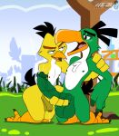 angry_birds anthro avian balls bird bodily_fluids canary chuck_(angry_birds) duo feathers finch genital_fluids genitals green_body green_feathers hal_(angry_birds) handjob humanoid_genitalia humanoid_penis johnithanial male male/male nipples oscine passerine penile penis pig_(angry_birds) plant precum rovio_entertainment sega sex toucan tree vein veiny_penis yellow_body yellow_feathers