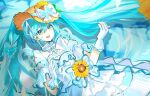  1girl :d artist_name bare_arms bare_shoulders blue_eyes blue_hair blue_nails blue_trim bow brown_hat chromatic_aberration commentary_request cowboy_shot detached_collar double-parted_bangs dress dress_bow fingerless_gloves flower frilled_dress frilled_sleeves frills gloves hair_behind_ear hair_between_eyes hair_ornament hands_up hat hat_bow hat_flower hat_ornament hatsune_miku highres leaf_hat_ornament long_dress long_hair looking_ahead lying magical_mirai_(vocaloid) magical_mirai_miku magical_mirai_miku_(2026) multicolored_eyes musical_note musical_note_hair_ornament nail_polish off-shoulder_dress off_shoulder on_back open_mouth orange_flower pale_skin partially_submerged puffy_short_sleeves puffy_sleeves ramune55ni short_sleeves sidelighting sidelocks smile solo sun_hat sunflower twintails two-tone_eyes very_long_hair vocaloid water white_bow white_dress white_gloves yellow_eyes 