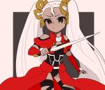  1girl :/ archer-tan black_eyes black_leotard breasts cleavage clothing_cutout commentary_request cowboy_shot cropped_jacket dark-skinned_female dark_skin detached_sleeves fate/stay_night fate_(series) holding holding_sword holding_weapon kanshou_&amp;_bakuya_(fate) karakasa_25 leotard long_hair red_skirt shoulder_cutout skirt small_breasts solo sword twintails very_long_hair weapon 