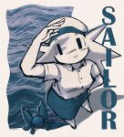  1girl black_skirt breasts collared_shirt commentary english_commentary faultyalty from_above furry furry_female hand_on_own_hip hat highres ocean original photo_background sailor_hat shadow shirt signature skirt small_breasts smile solo white_shirt 